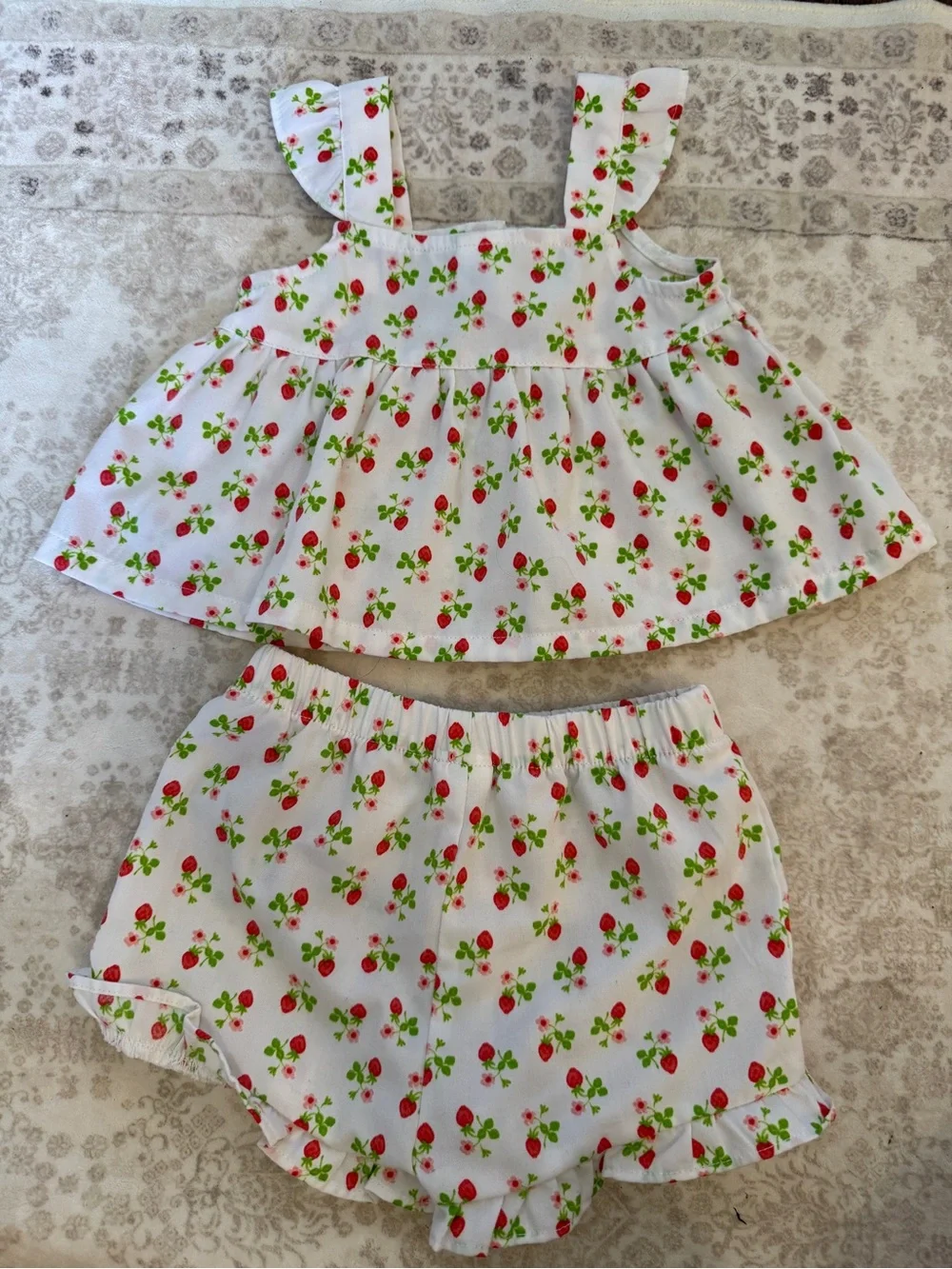 Janie and Jack Baby Girl White Strawberry Print Two-Piece Pajama Set